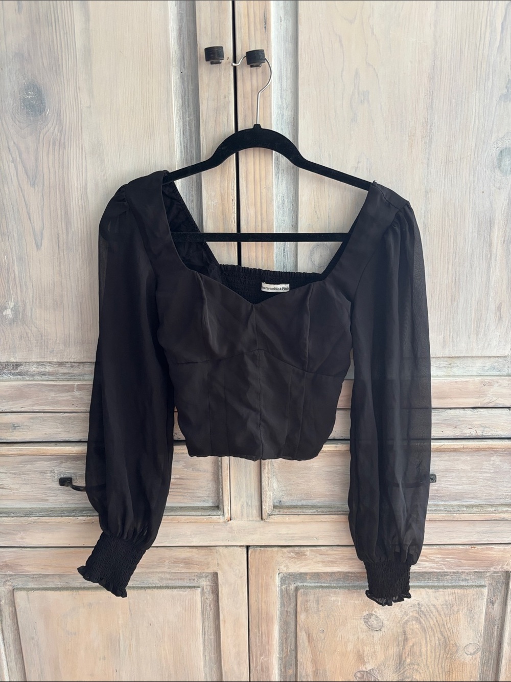Abercrombie & Fitch Black Puff-Sleeve Square Neck Crop Blouse